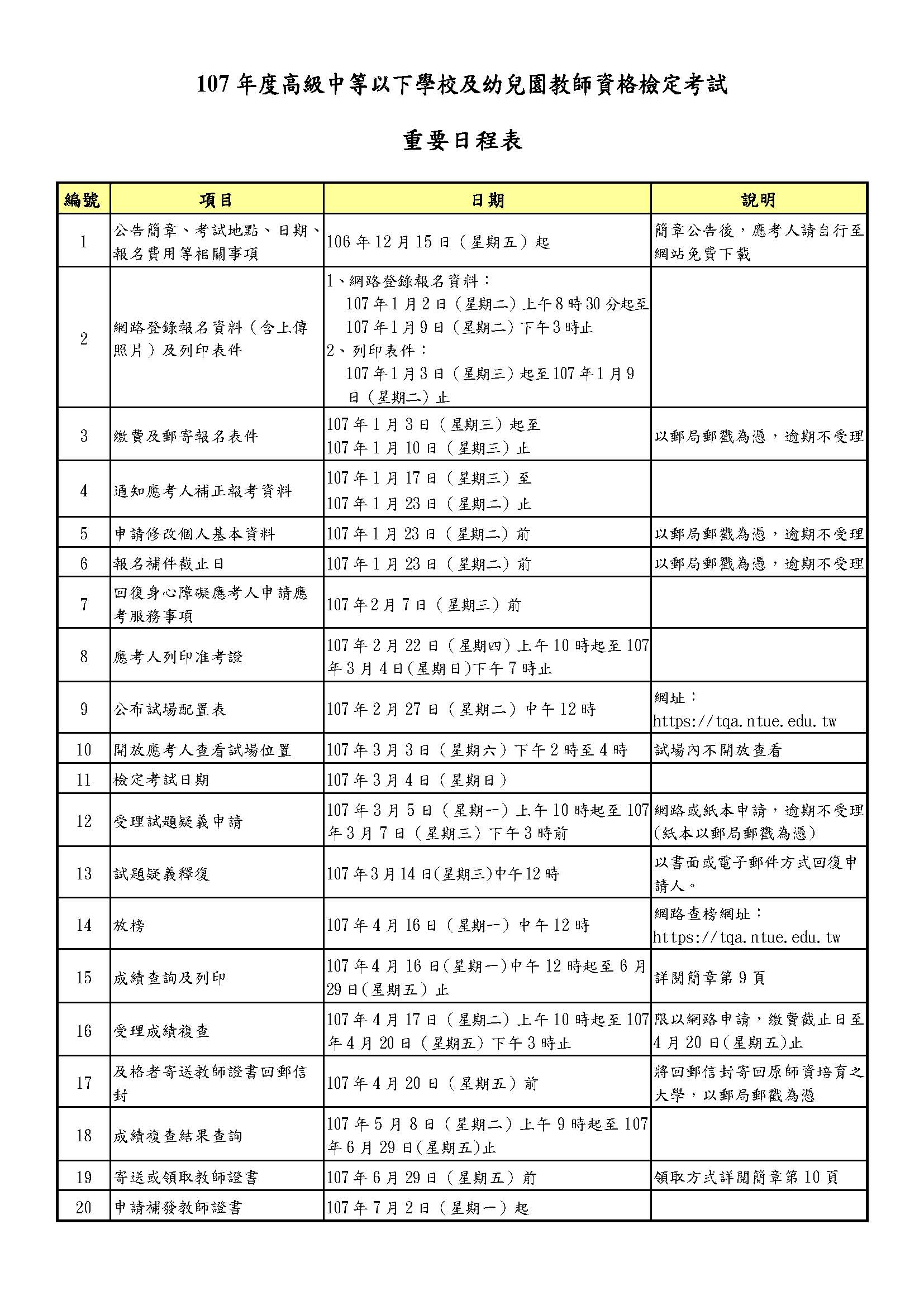 公告 107年度高級中等以下學校及幼兒園教師資格檢定考試 簡章